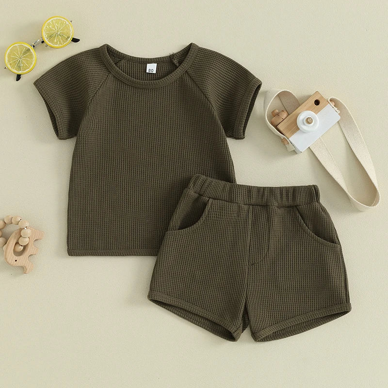 Boys Waffle Knit Earthtone Shirt Shorts Set