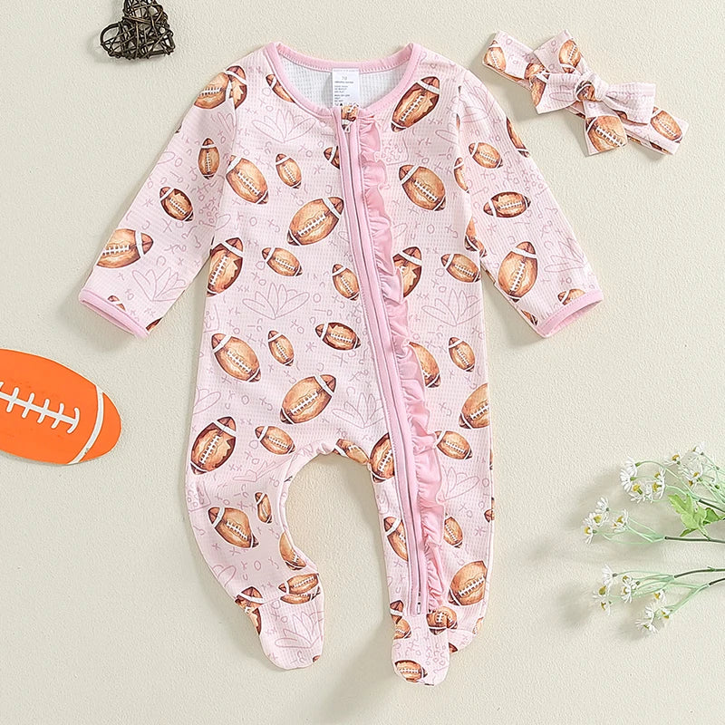 Baby Girls Football Print Footie Zip Pajama Bow Set