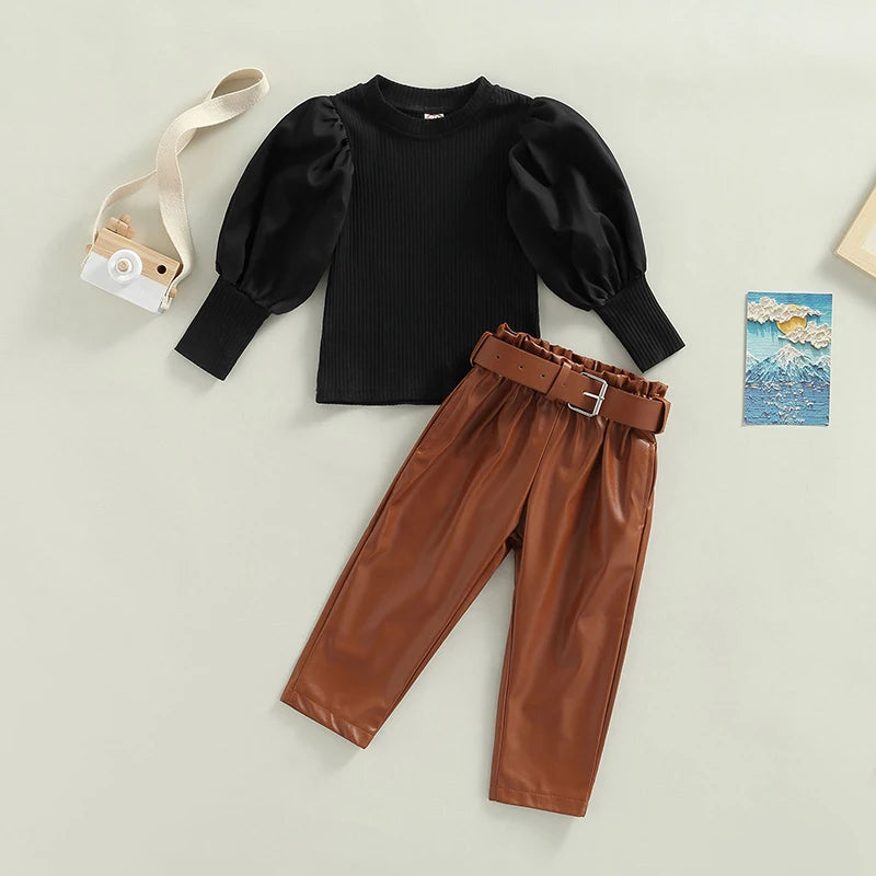Girls Puff Sleeve Ribbed Tops Faux Leather Pants and Belt Set