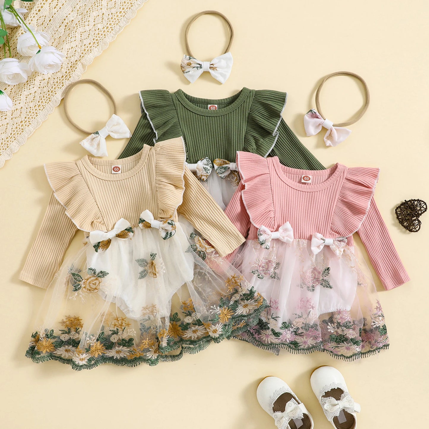 Girls Flying Sleeve Embroidered Flower Dress Bow Set