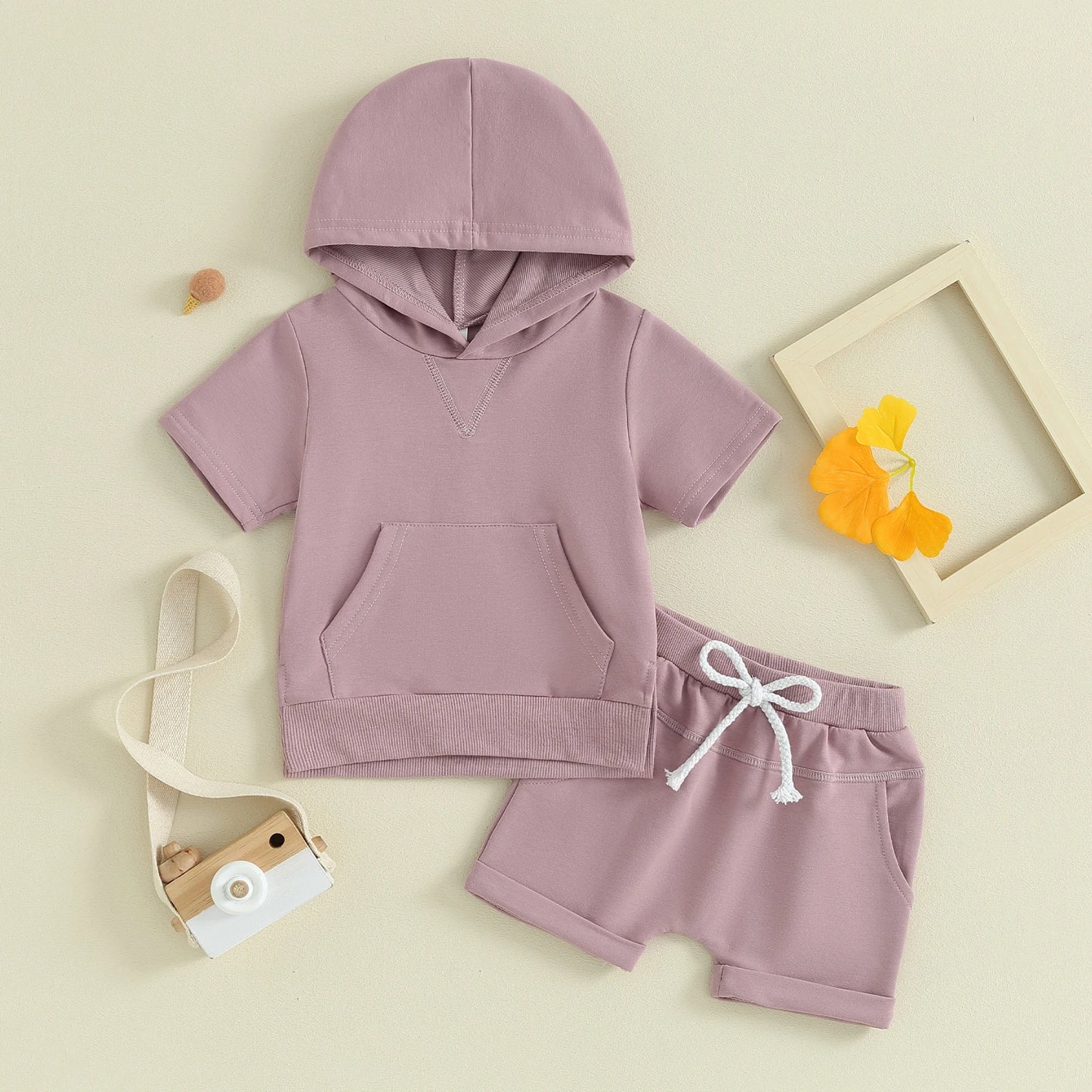 Solid Color Short Sleeve Hoodie Short Set, Unisex
