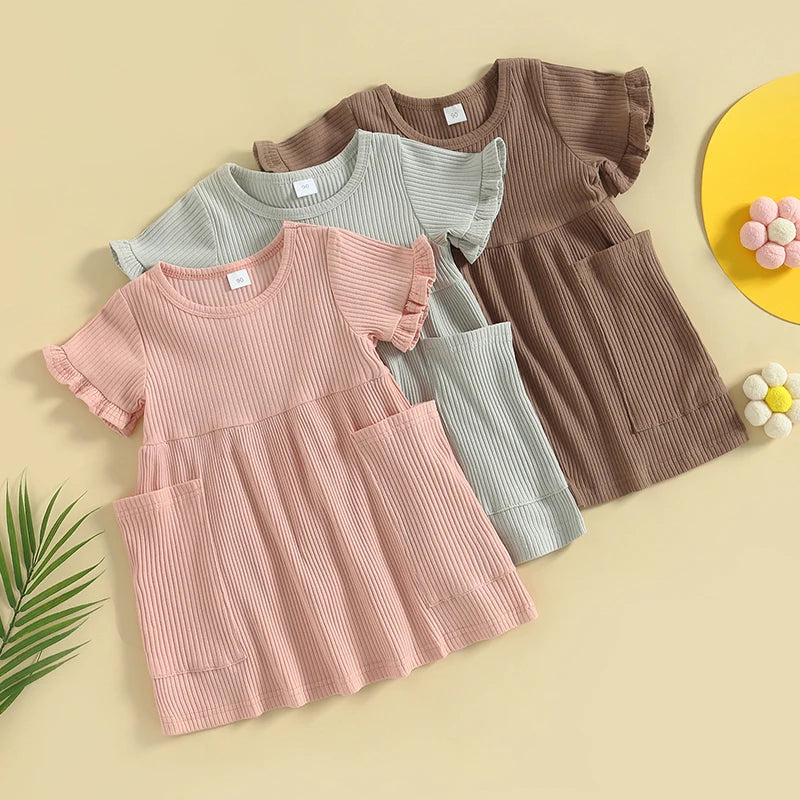 Girls Ribbed Ruffle Pocket Dress