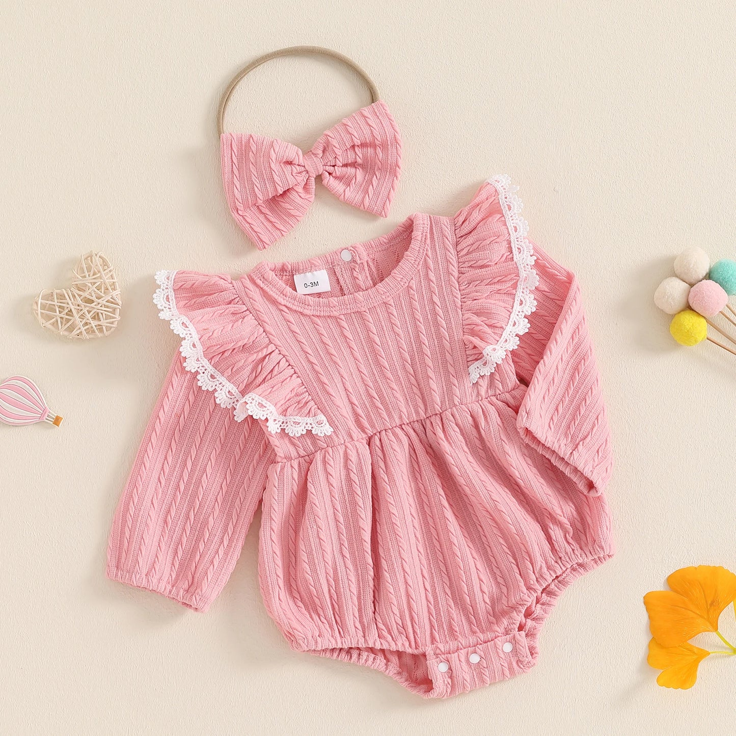 Girls Lace Trim Ruffled Knit Bubble Bow Set