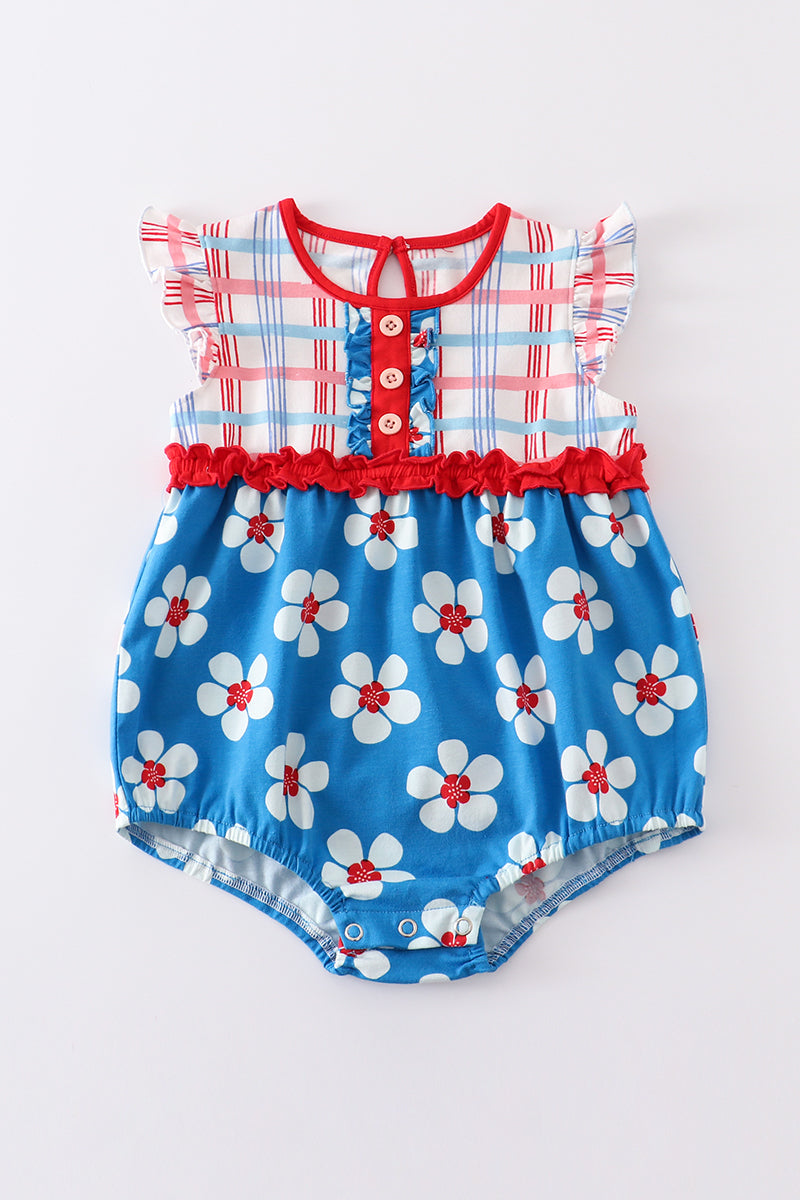 Girls Plaid Patriotic Floral Ruffle Bubble