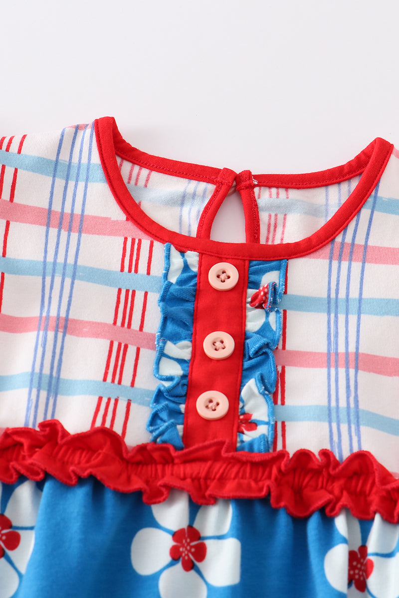 Girls Plaid Patriotic Floral Ruffle Bubble