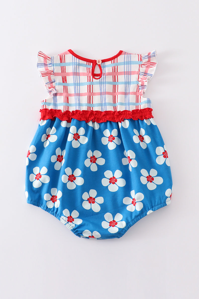 Girls Plaid Patriotic Floral Ruffle Bubble