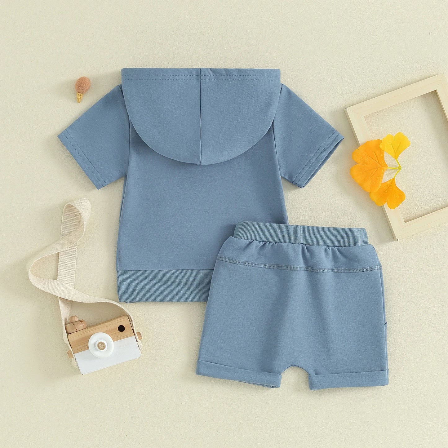 Solid Color Short Sleeve Hoodie Short Set, Unisex