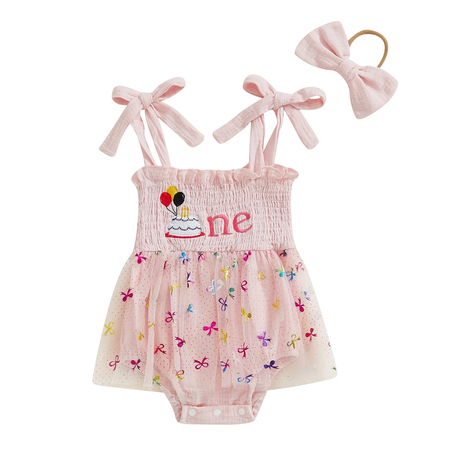 Girls "One" First Birthday Dress Bow Set
