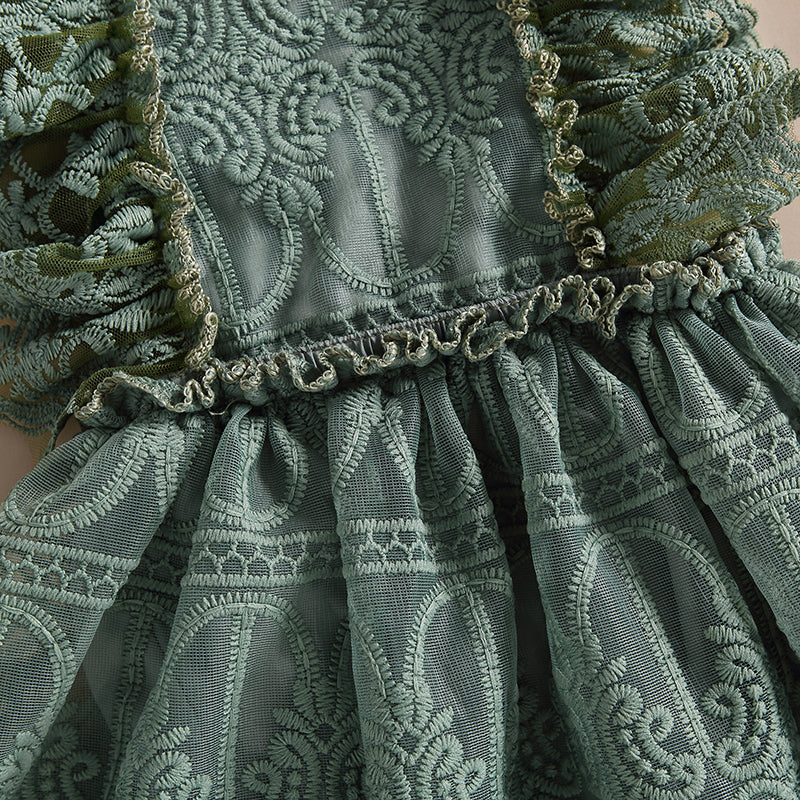 Girls Fall Mesh Lace Ruffle Dress