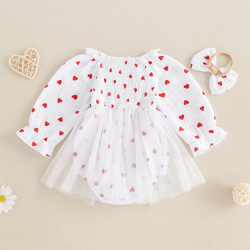 Girls Heart Print Tulle Dress Bow Set