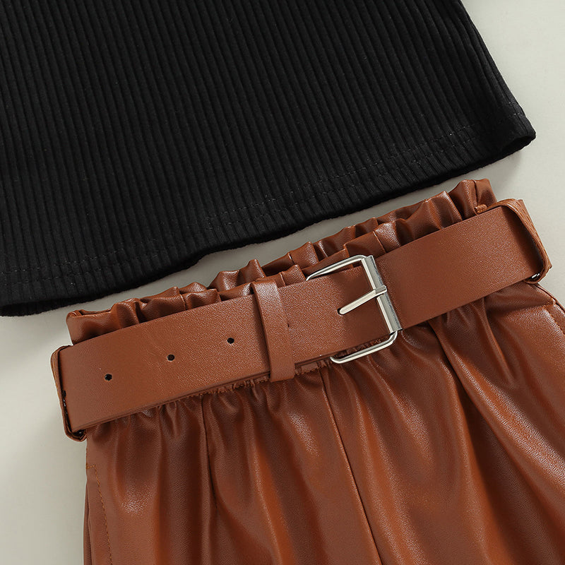 Girls Puff Sleeve Ribbed Tops Faux Leather Pants and Belt Set