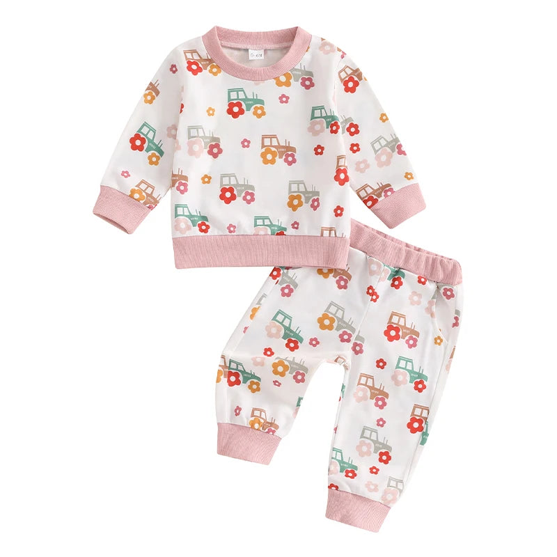 Girls Floral Tractor Print Top Pant Set