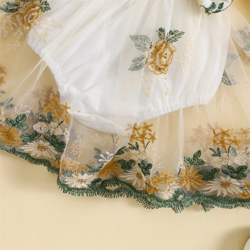 Girls Flying Sleeve Embroidered Flower Dress Bow Set