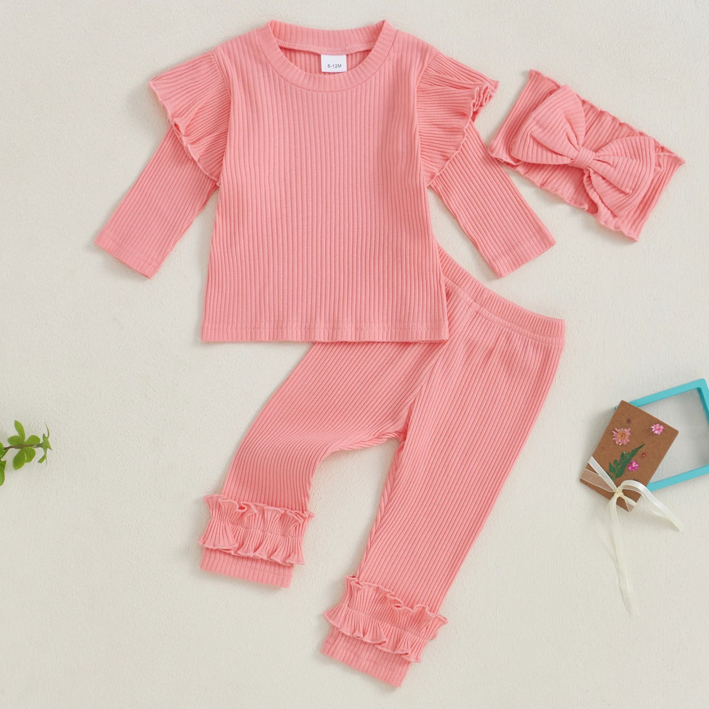 Girls Ribbed Ruffle Trim Top Pant Bow Headband Set