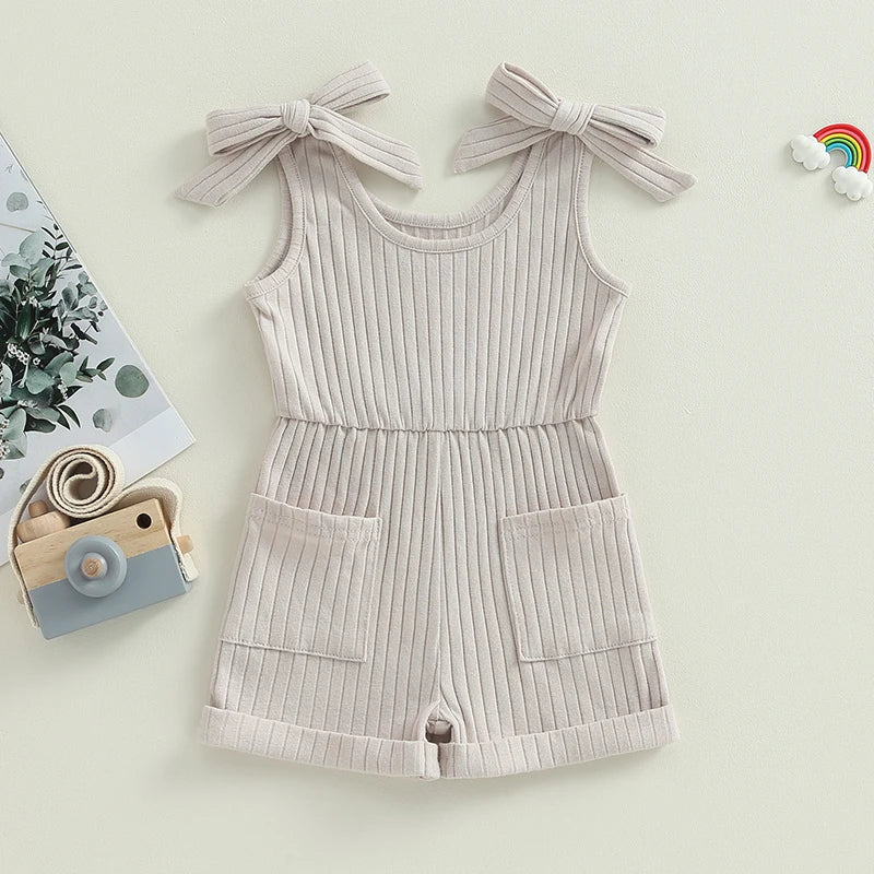 Girls Sleeveless Ribbed Pocket Rompers