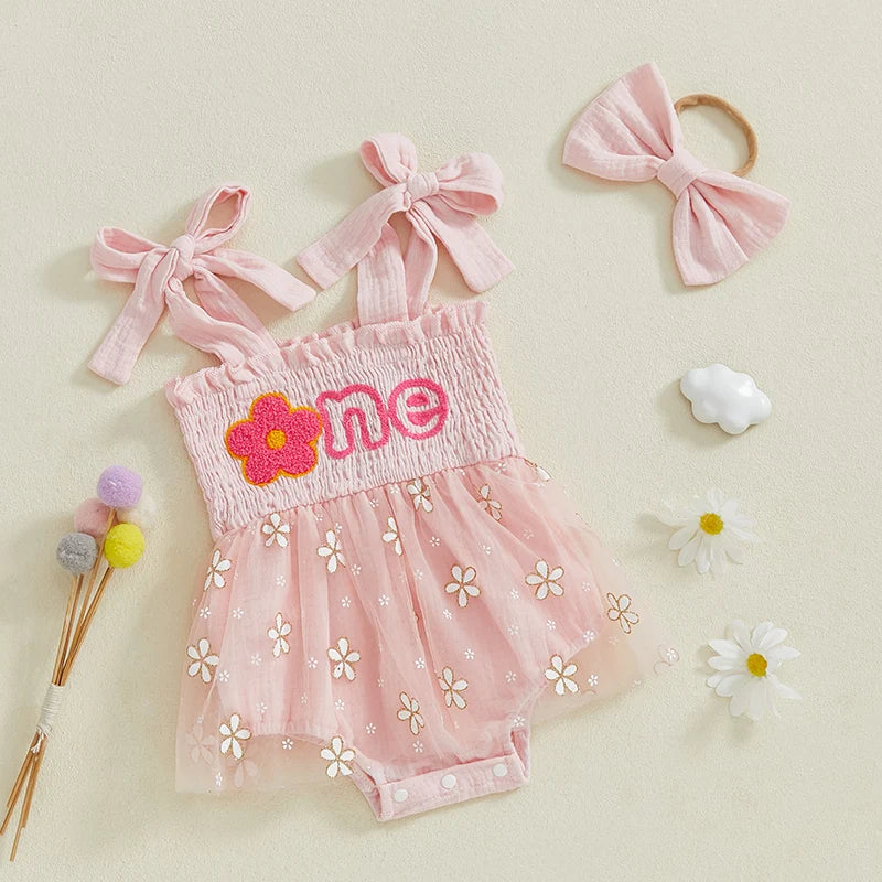 Girls "One" First Birthday Dress Bow Set