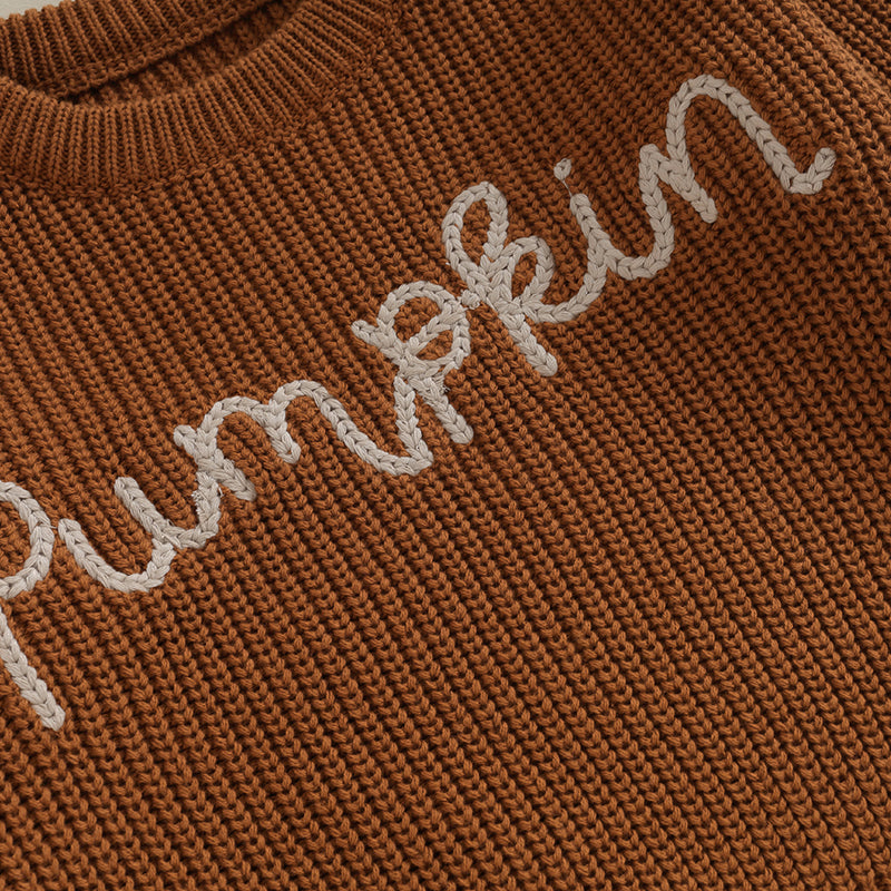 Solid Embroidered Pumpkin Script Knit Sweater, Unisex