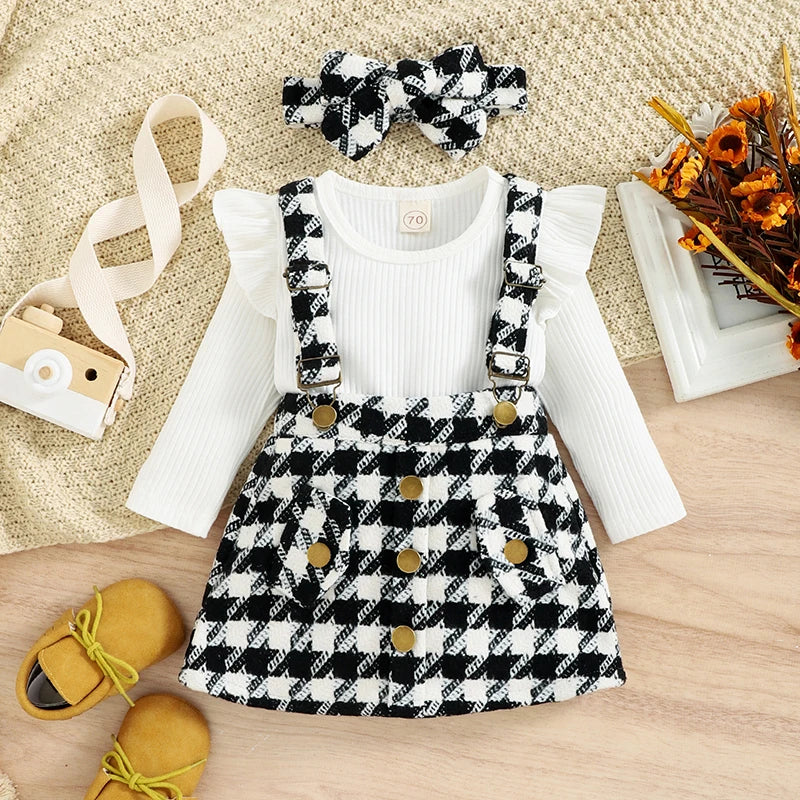 Girls Ruffled Romper, Houndstooth/Plaid Skirt, Bow Set