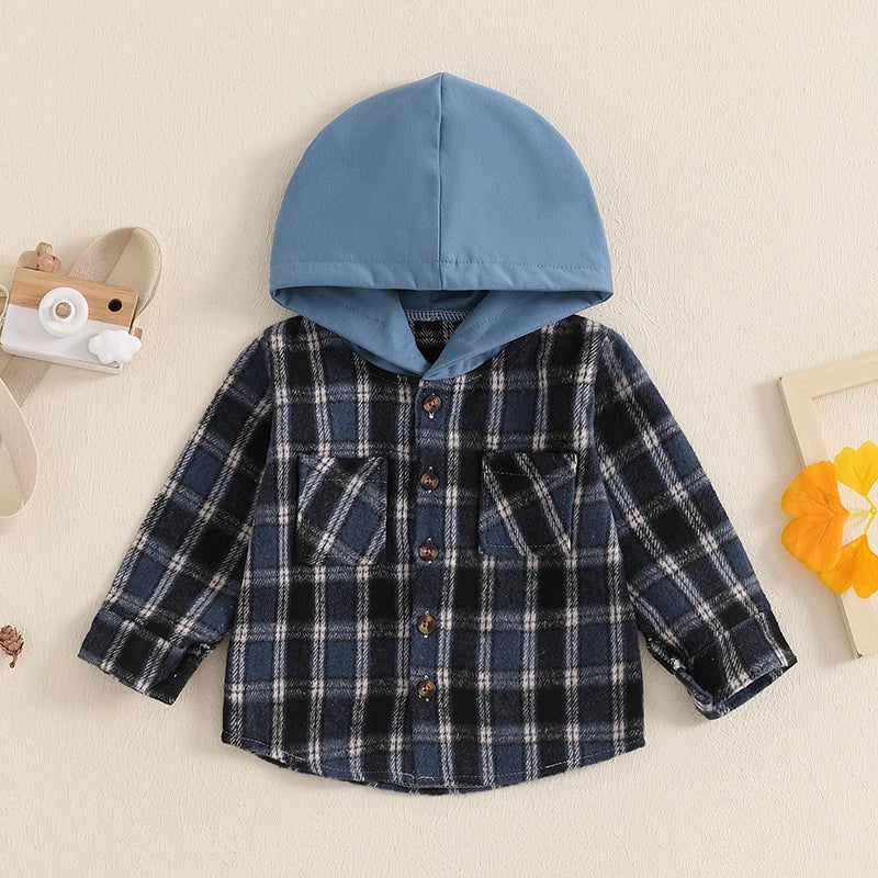 Boys Hooded Plaid Flannel Button Pocket Shirt