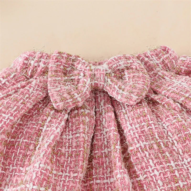 Girls Embroidered Bear Ruffle Sleeve Top Plaid Skirt Bow Set