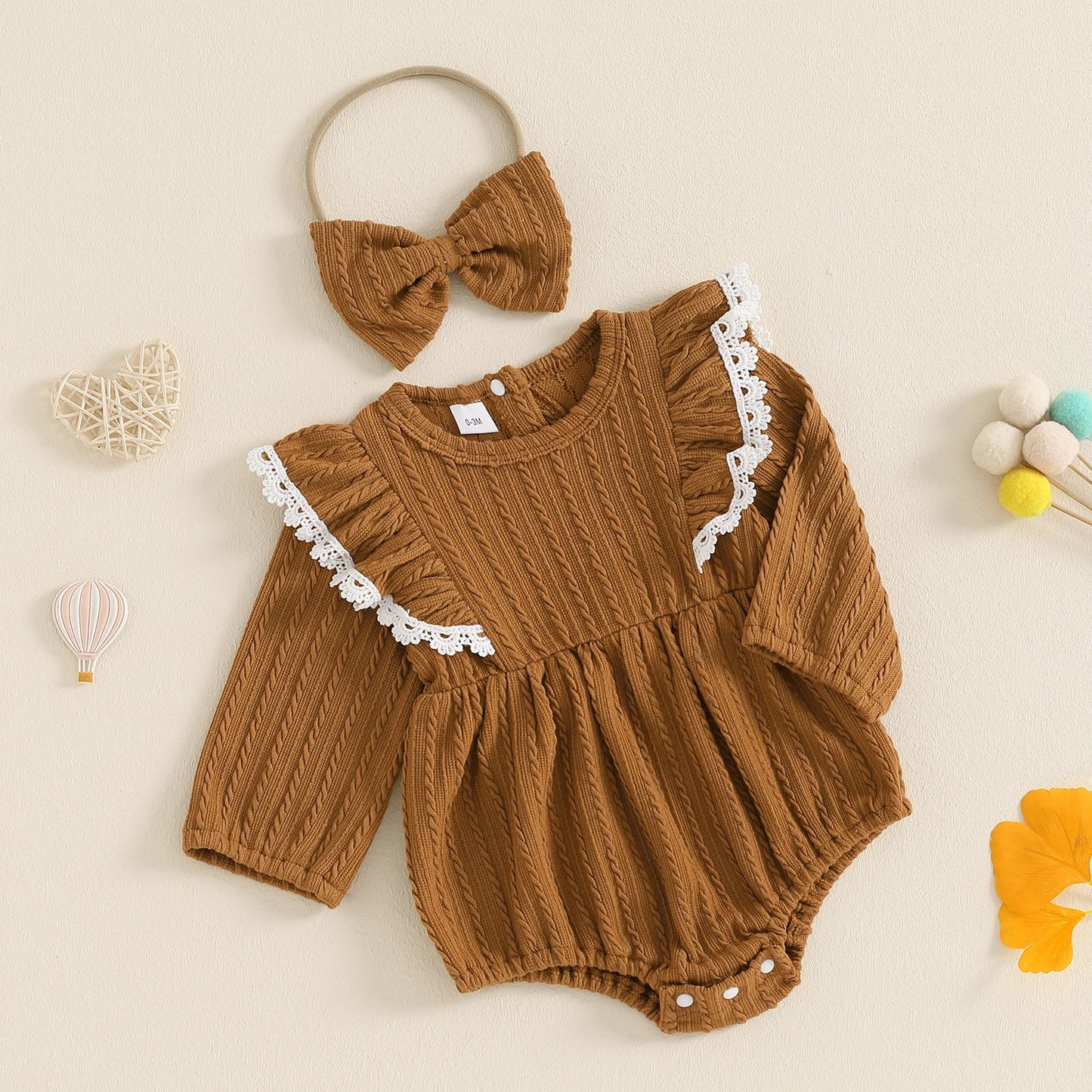 Girls Lace Trim Ruffled Knit Bubble Bow Set
