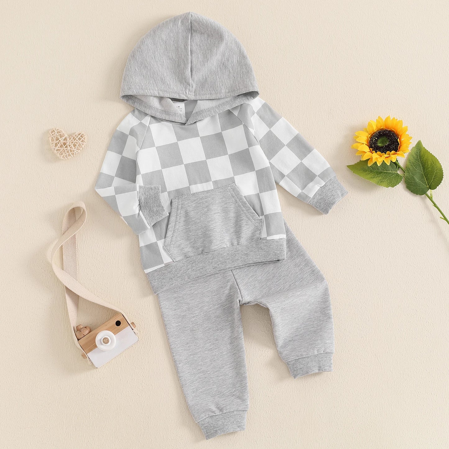 Boys Checkered Pocket Hoodie Pant Set