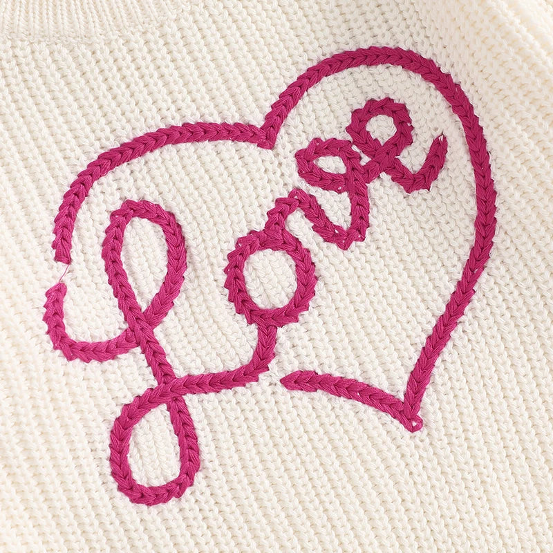 Girls Embroidered Love Script Knit Sweater