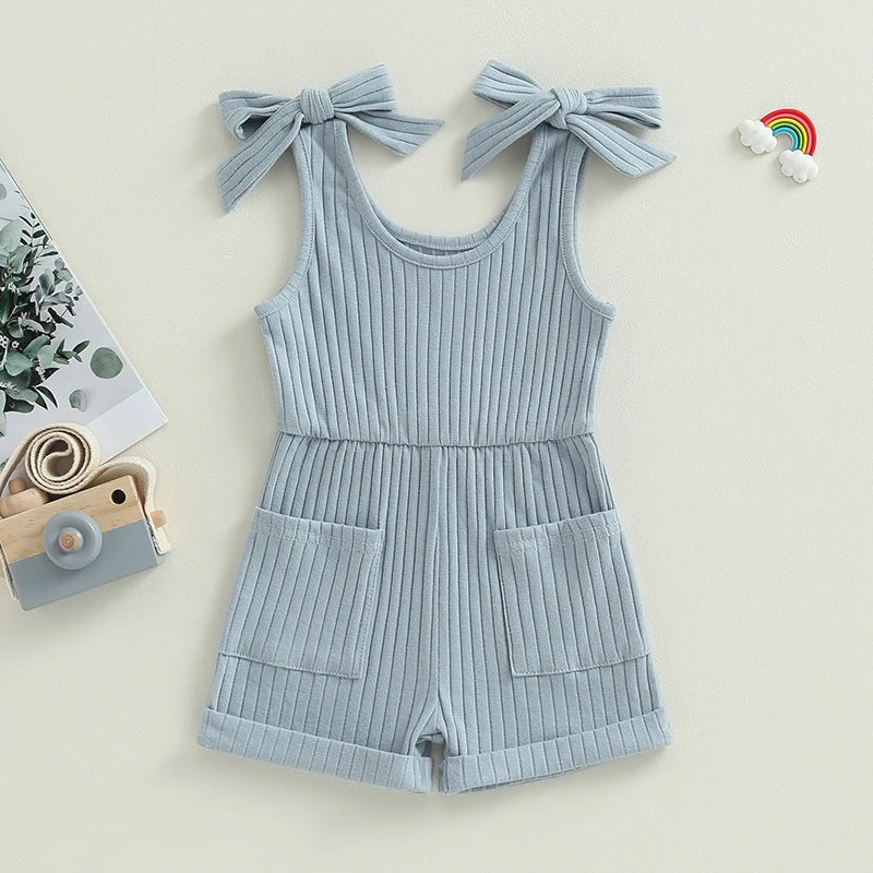 Girls Sleeveless Ribbed Pocket Rompers