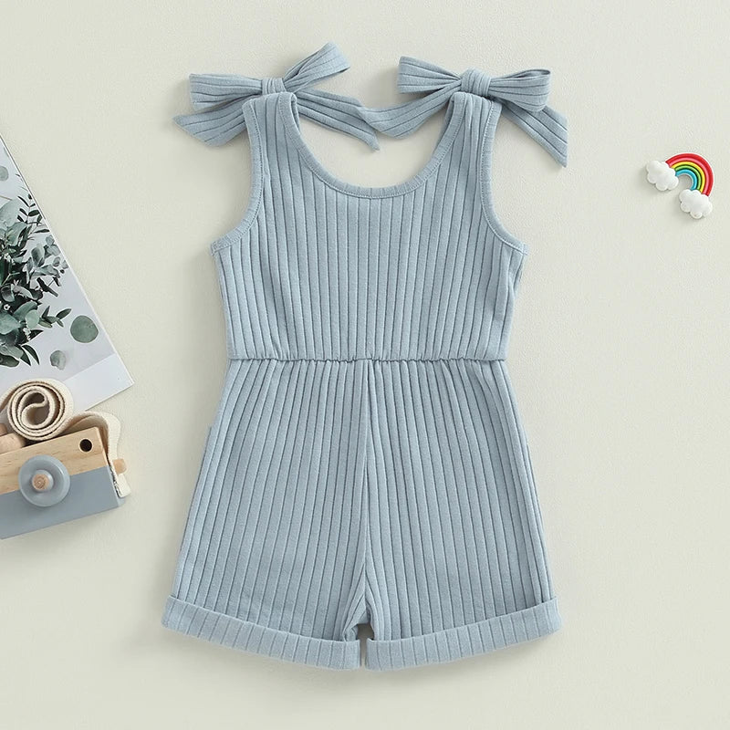 Girls Sleeveless Ribbed Pocket Rompers