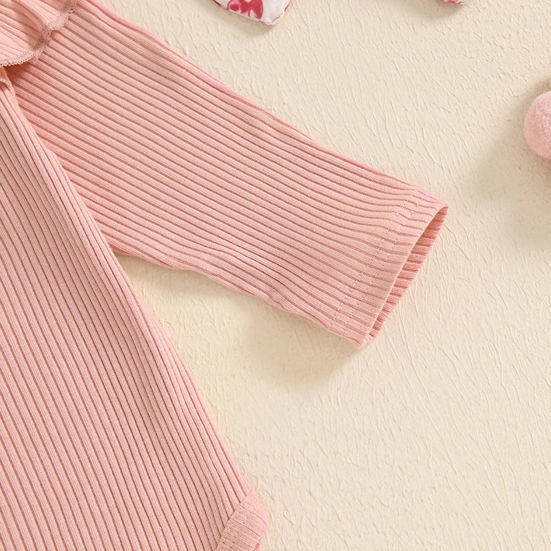 Girls Ribbed Ruffle Shoulder Top Floral Flare Pant Bow Set