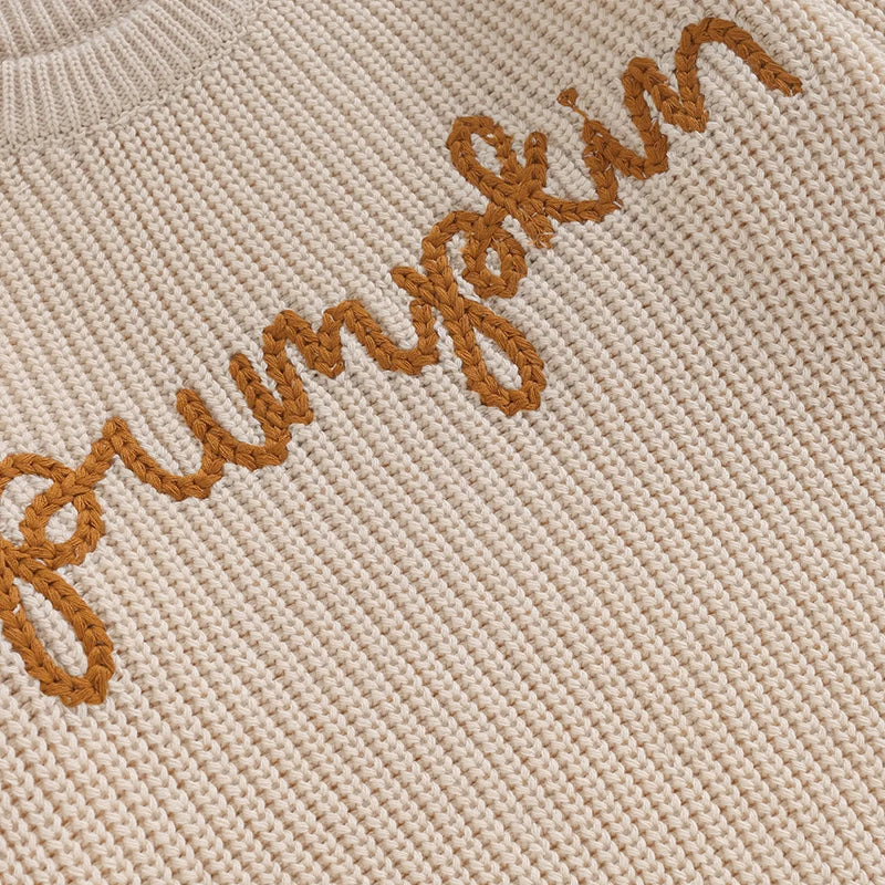 Solid Embroidered Pumpkin Script Knit Sweater, Unisex