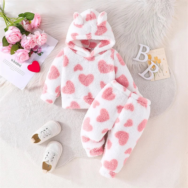 Girls Heart Print Plush Fleece Hoodie Pant Set