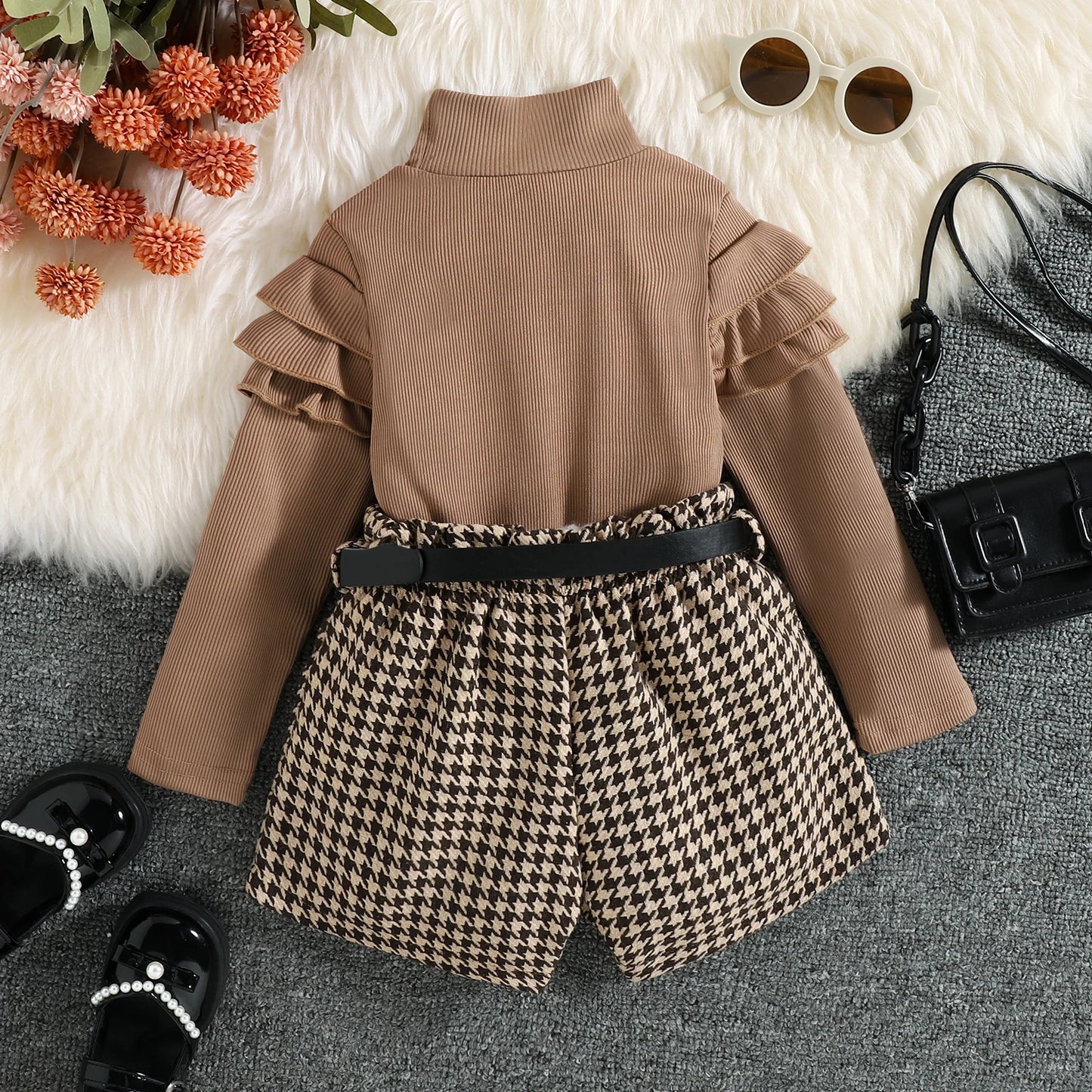 Girls Ruffle Sleeve Knit Turtleneck Houndstooth Belt Short Set