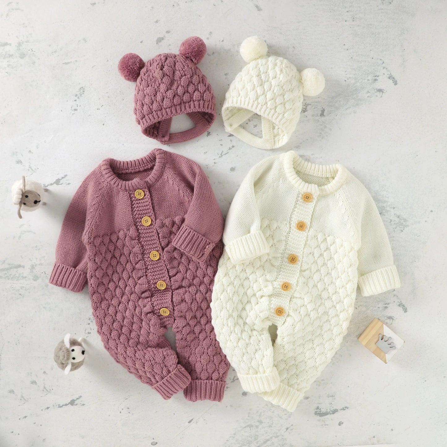 Girls Warm Knitted Romper Hat Set
