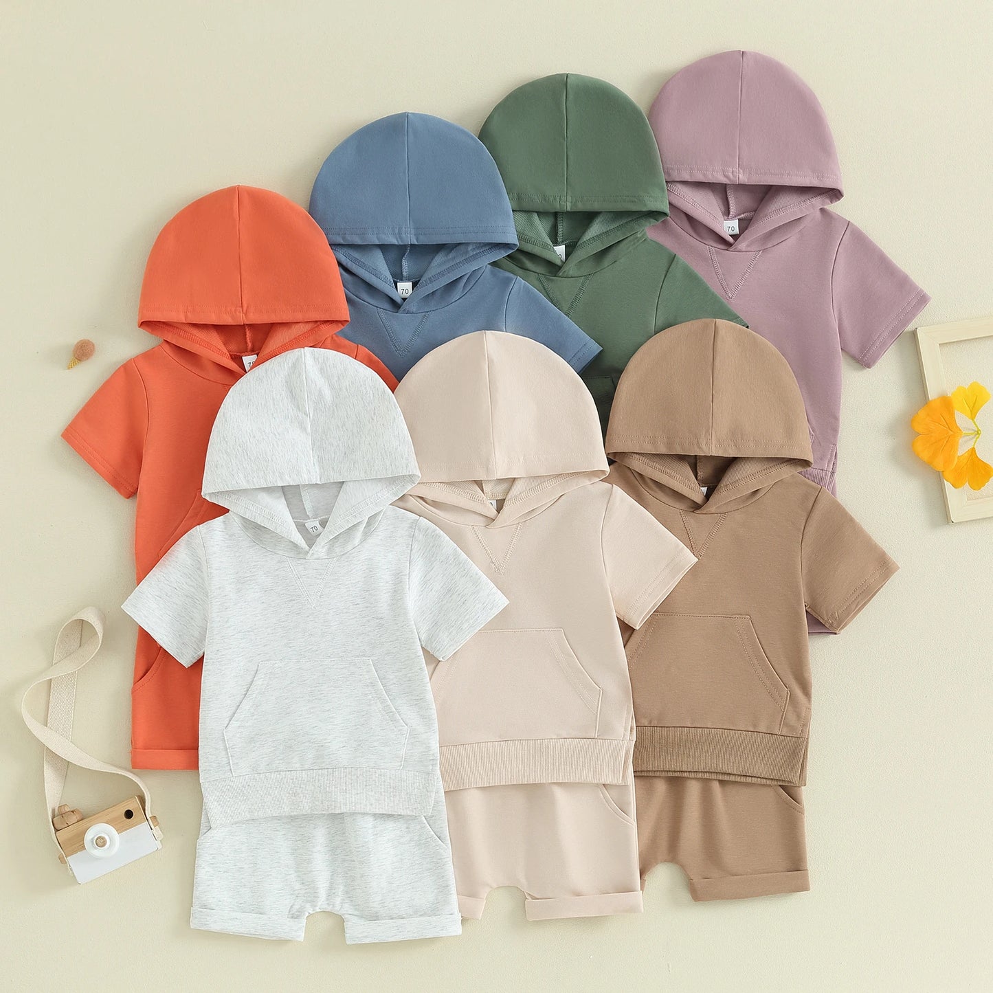 Solid Color Short Sleeve Hoodie Short Set, Unisex