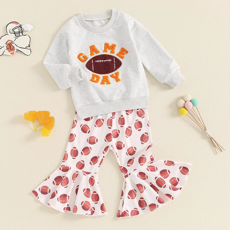 Girls Embroidered Football Top Flared Pants Set