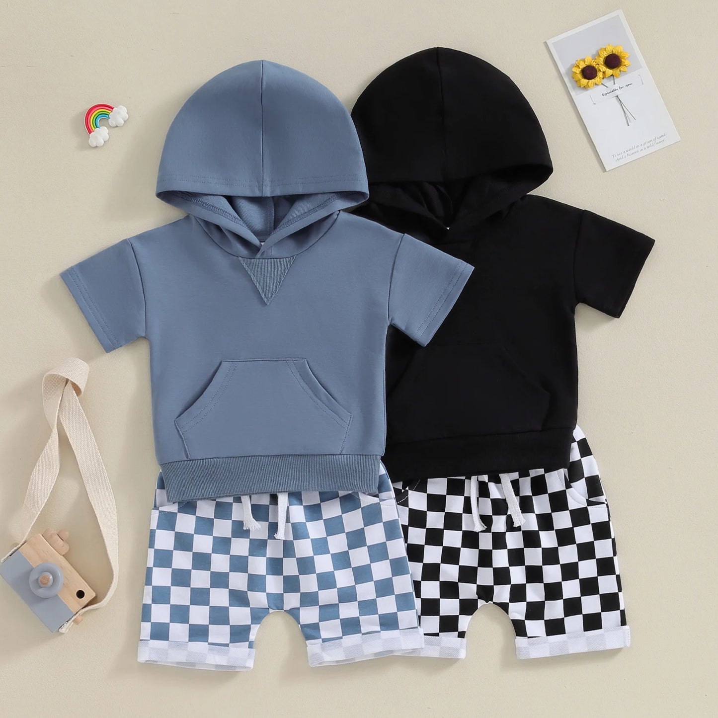 Boys Short Sleeve Hoodie Checkered Short Set