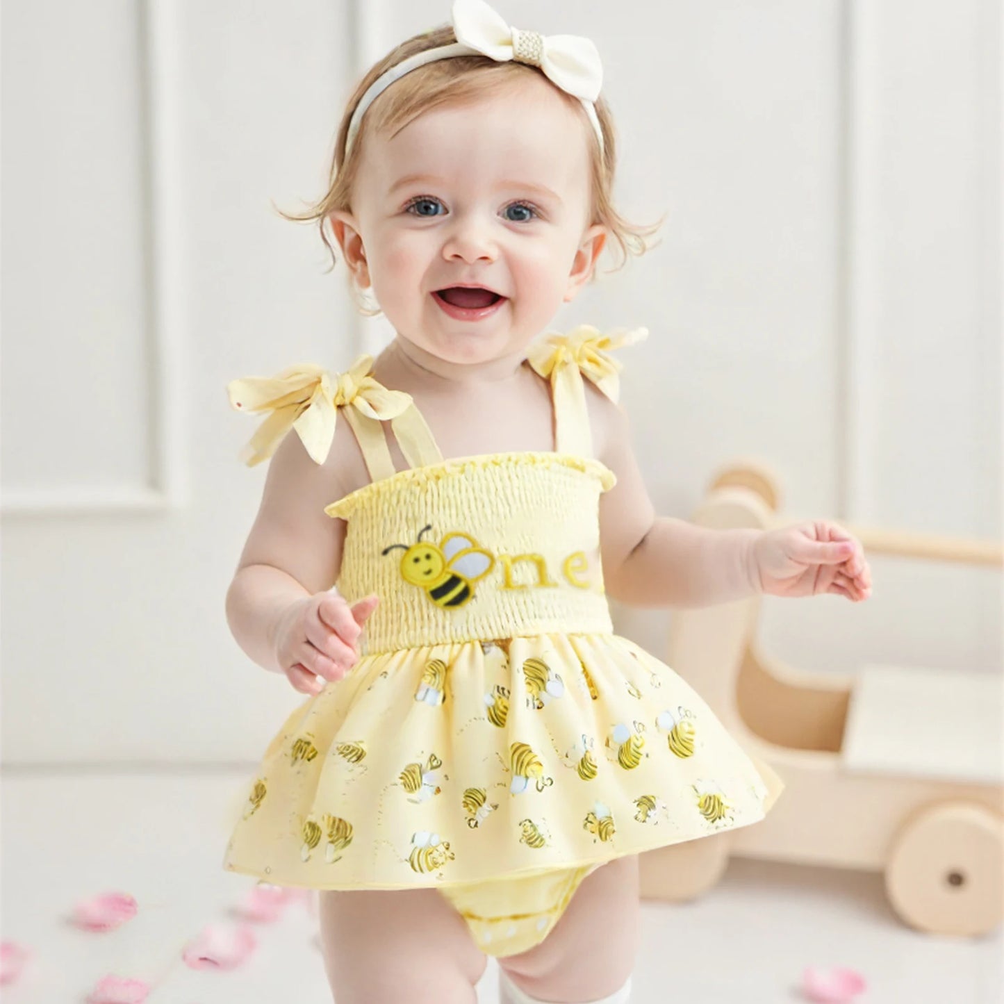 Girls "One" First Birthday Dress Bow Set