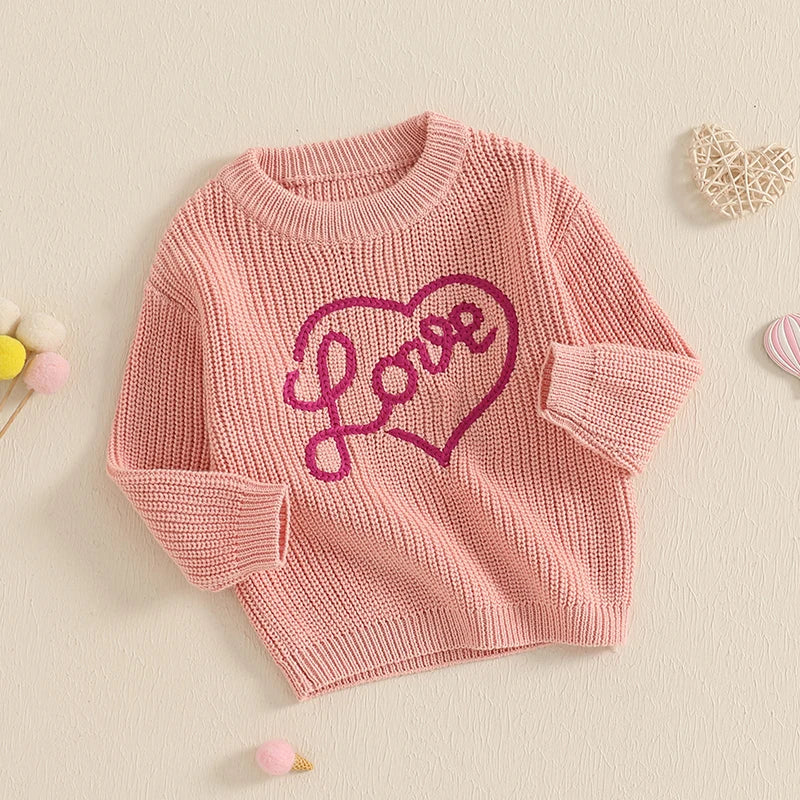 Girls Embroidered Love Script Knit Sweater
