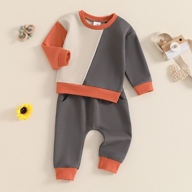 Boys Diagonal Color Patchwork Sweatshirt Pant Set