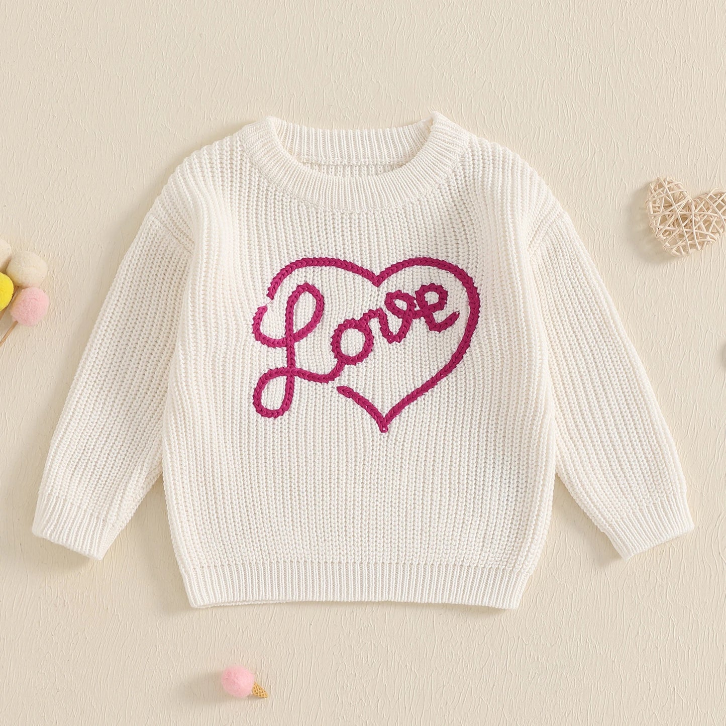 Girls Embroidered Love Script Knit Sweater
