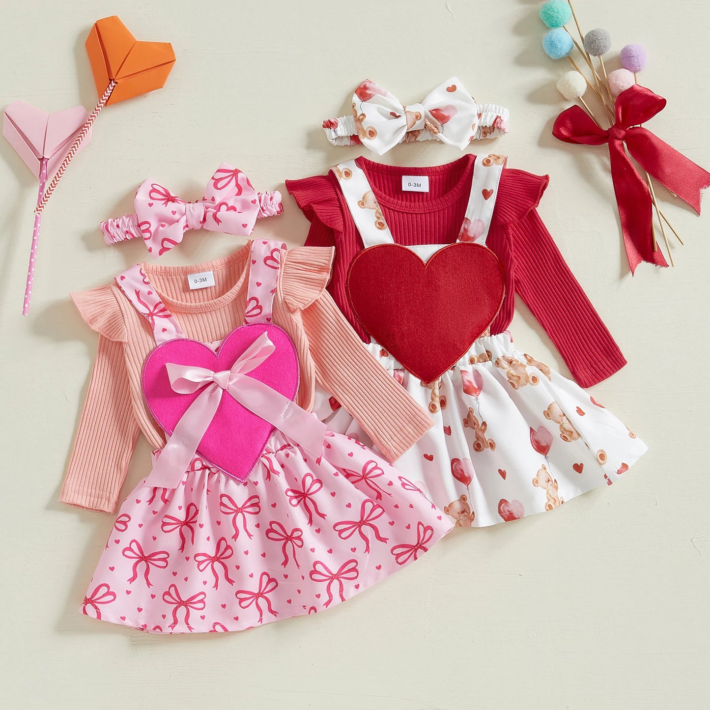 Girls Ribbed Ruffle Sleeve Heart Bear or Bow Print Suspender Skirt Bow Set