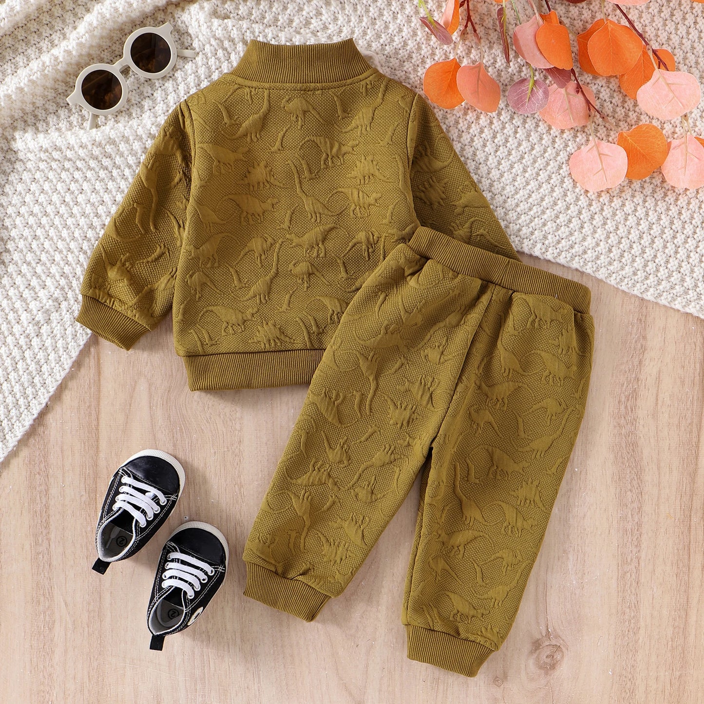 Boys Dinosaur Knit Half-Zip Jacket Pant Set