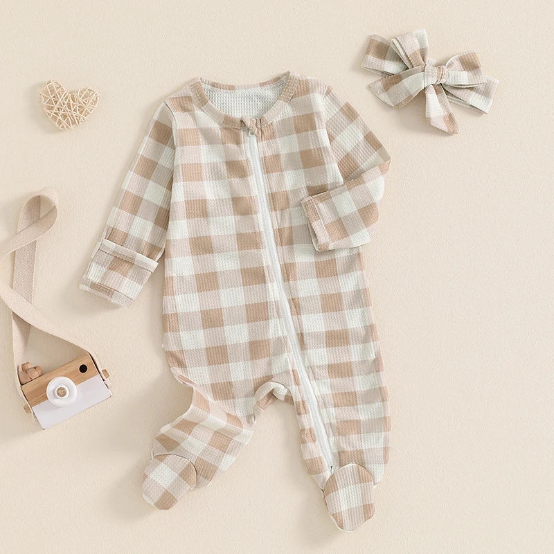 Girls Waffle Knit Plaid Ruffle Zip Footie Pajama Bow Set