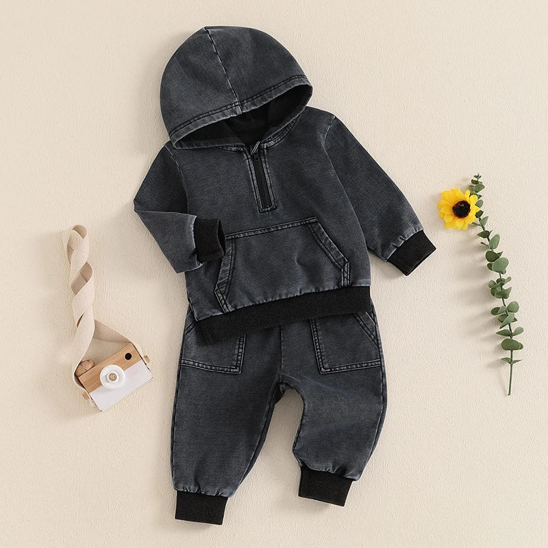 Black Denim Pocket Hoodie & Pant Set