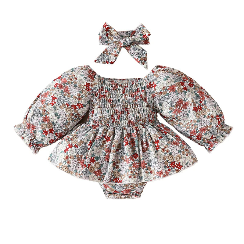 Girls Fall Floral Dress Bow Set