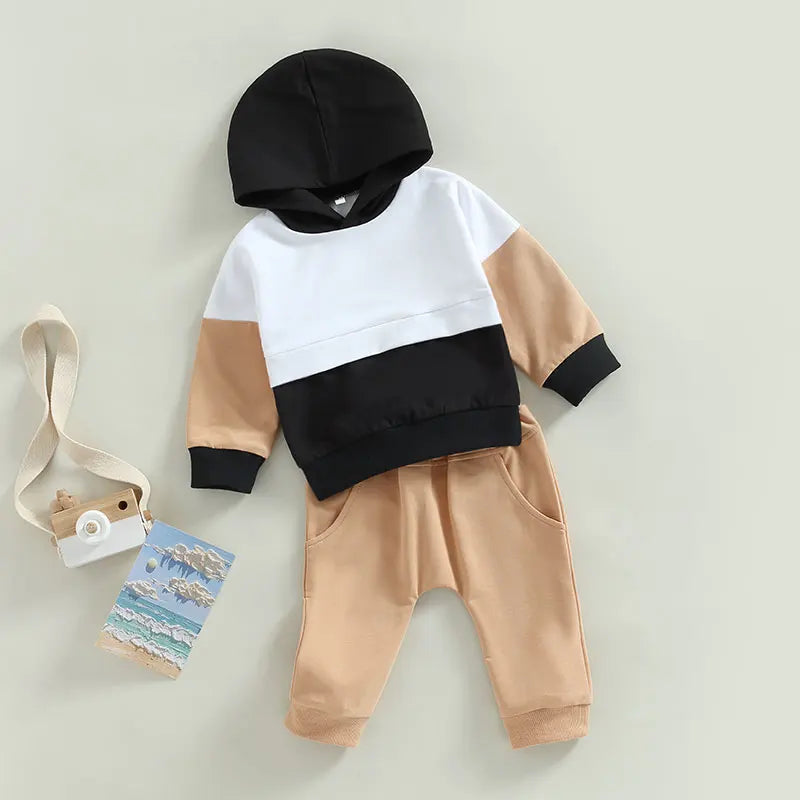 Boys Color Patchwork Hoodie Pant Set