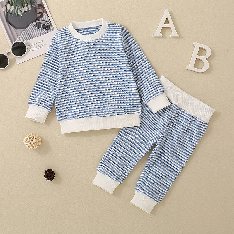Boys Striped Waffle Knit Top Pant Set