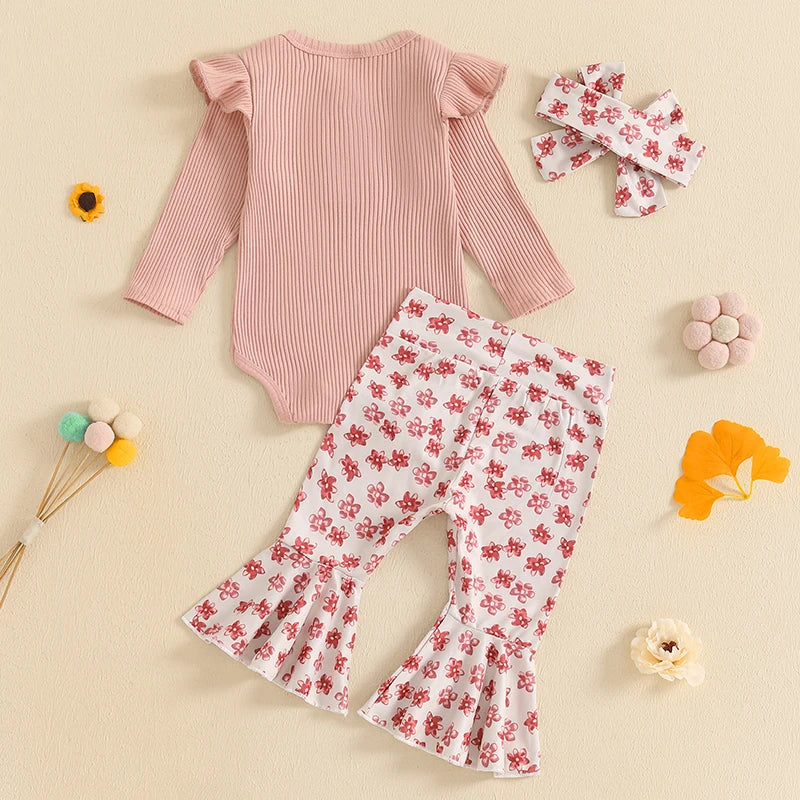 Girls Ribbed Ruffle Shoulder Top Floral Flare Pant Bow Set