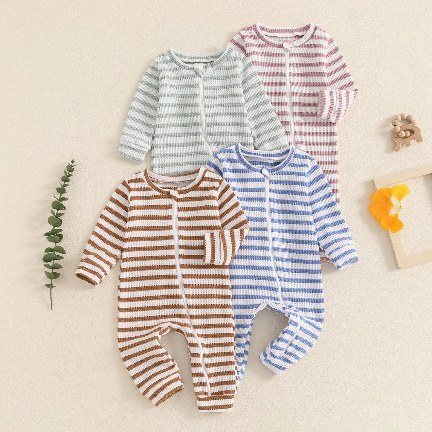 Striped Waffle Knit Zip Pajamas